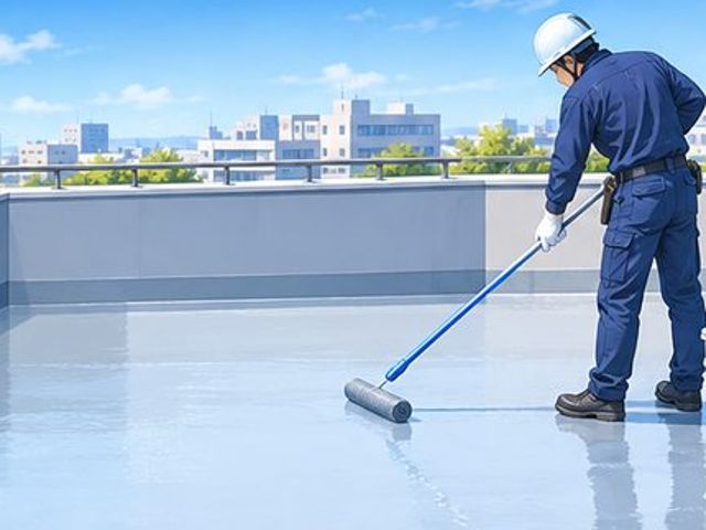 屋上に防水材を塗っている様子