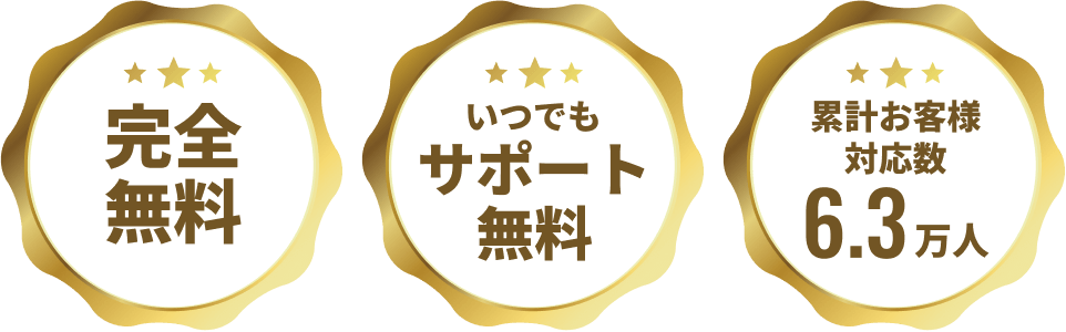 完全無料 いつでもサポート無料 累計お客様対応数6.3万人